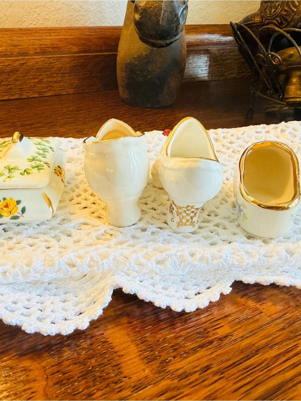 Vintage Porcelain Shoe Trio-English Trinket Box-Crochet Runner Bundle
